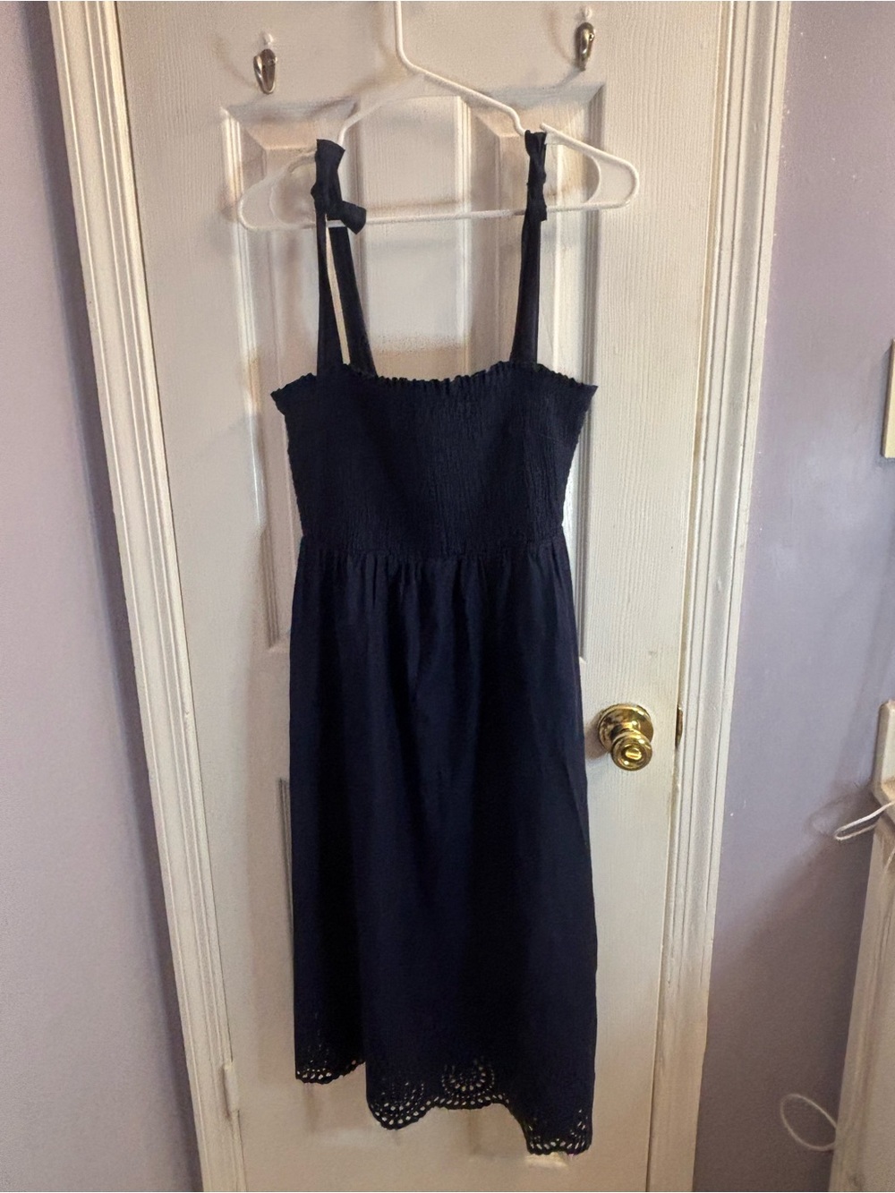 GAP Navy Smocked Midi Dress with Eyelet Hem and Tie Straps